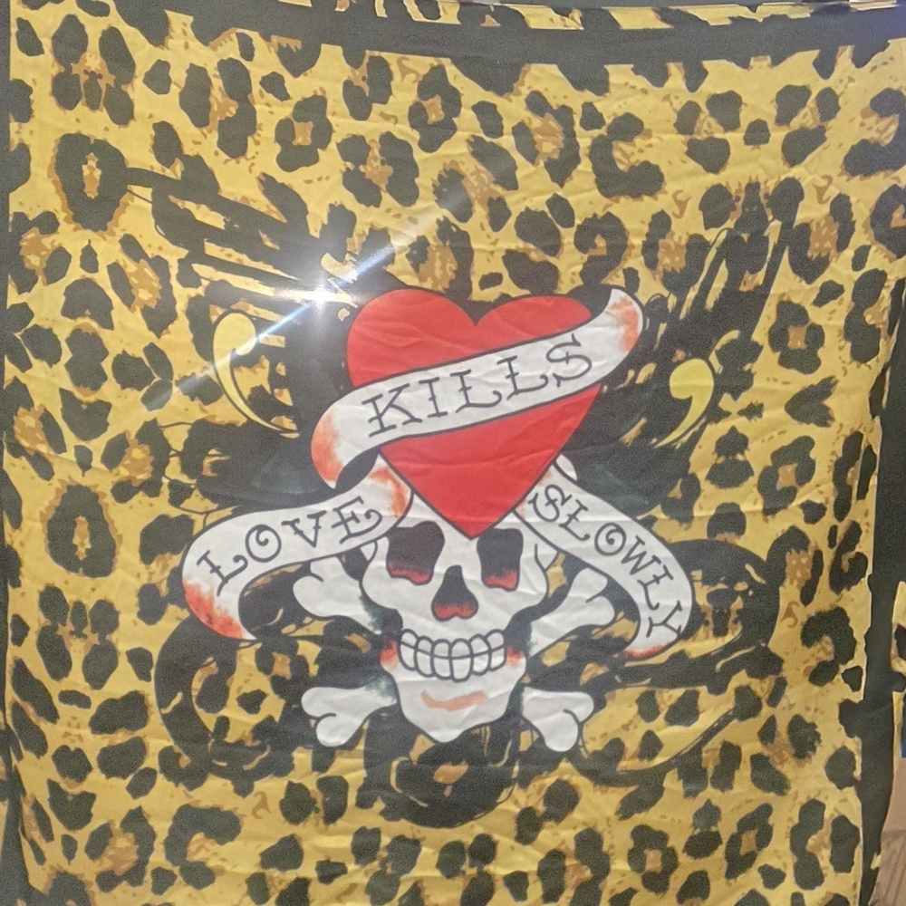Ed Hardy Leopard Print Scarf with Red Heart and Skull